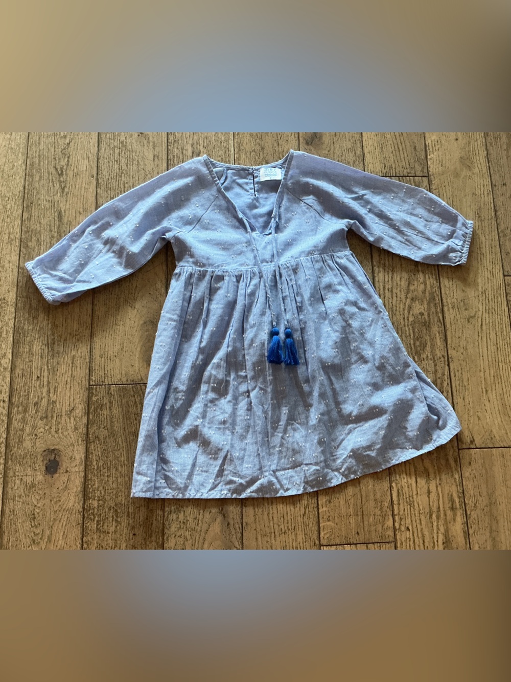 Girls Light Blue Cotton Tassel Dress